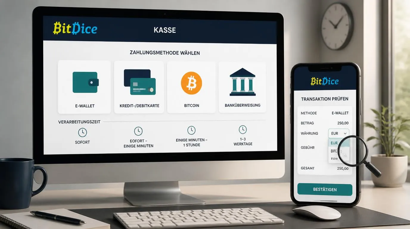 Kassenübersicht mit E-Wallet, Karte, Bitcoin und Banküberweisung sowie Hinweisen zu Währung und Auszahlung