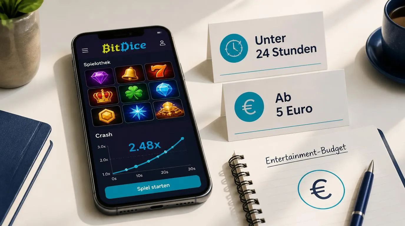 Smartphone mit Casino-Spielauswahl neben einer Anzeige für Auszahlung unter 24 Stunden und Einzahlung ab 5 Euro