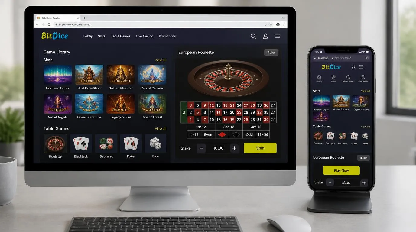 Casino-Spielbibliothek auf Desktop und Smartphone mit übersichtlichen Slots und einer Tischspielansicht