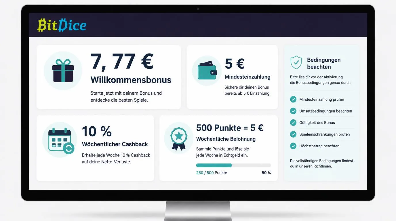 Bonusübersicht mit 7,77 € Willkommensangebot, 5 € Mindesteinzahlung und Karten für Cashback und Wochenprämien