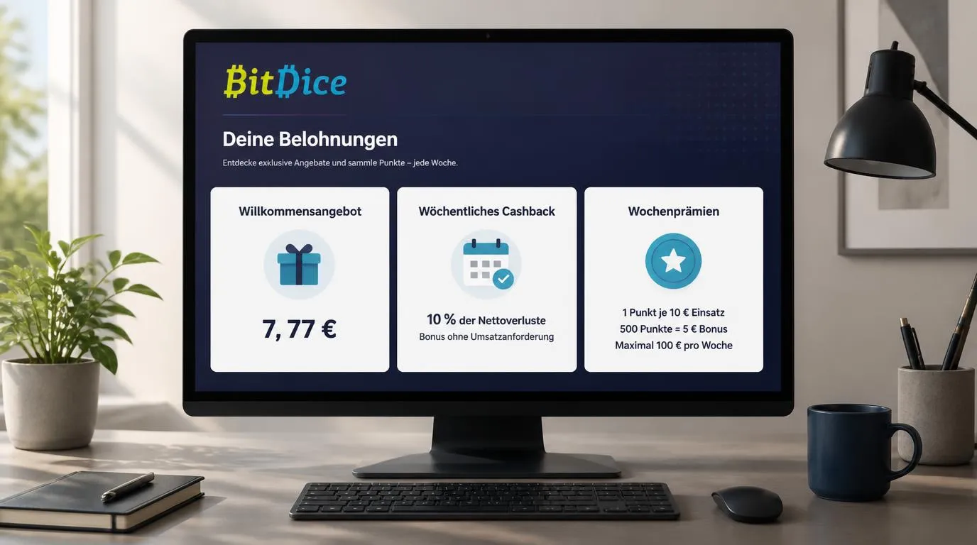 Casino-Bonusübersicht mit 7,77 € Willkommensangebot, 10 % Cashback und wöchentlichen Punkteprämien